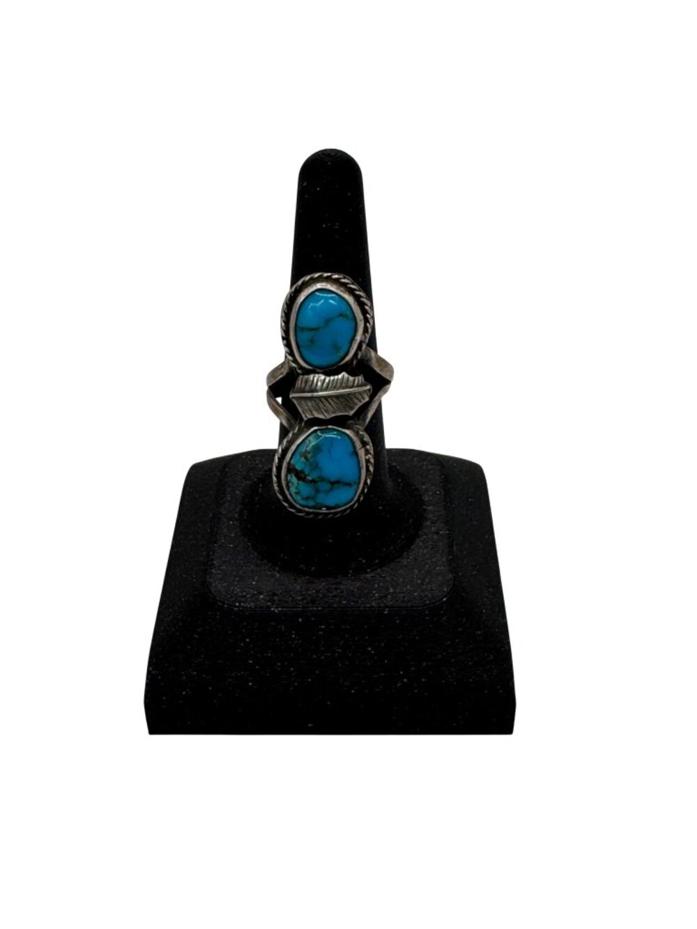 Vintage Navajo Sterling Silver Turquoise Double Stone Ring Old Pawn Feather Sz 8